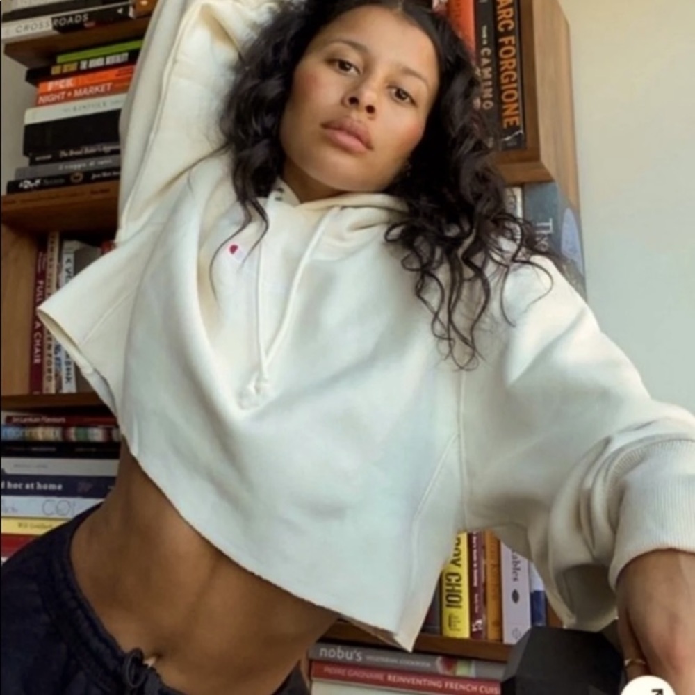 Champion Womens Reserve Weave Cream Cropped Hoodie Sweatshirt